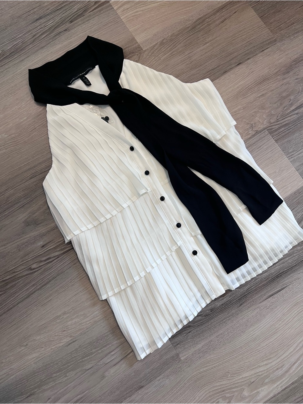 White House Black Market White Pleated Blouse with Black Neck Tie